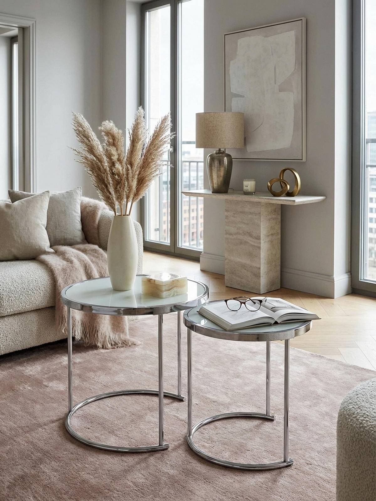 COUCHTISCH Set – Rund Glas 2-teilig mit Stauraum platzsparend - Silberfarben, Glas/Metall (50/50/50cm) - KADIMA DESIGN