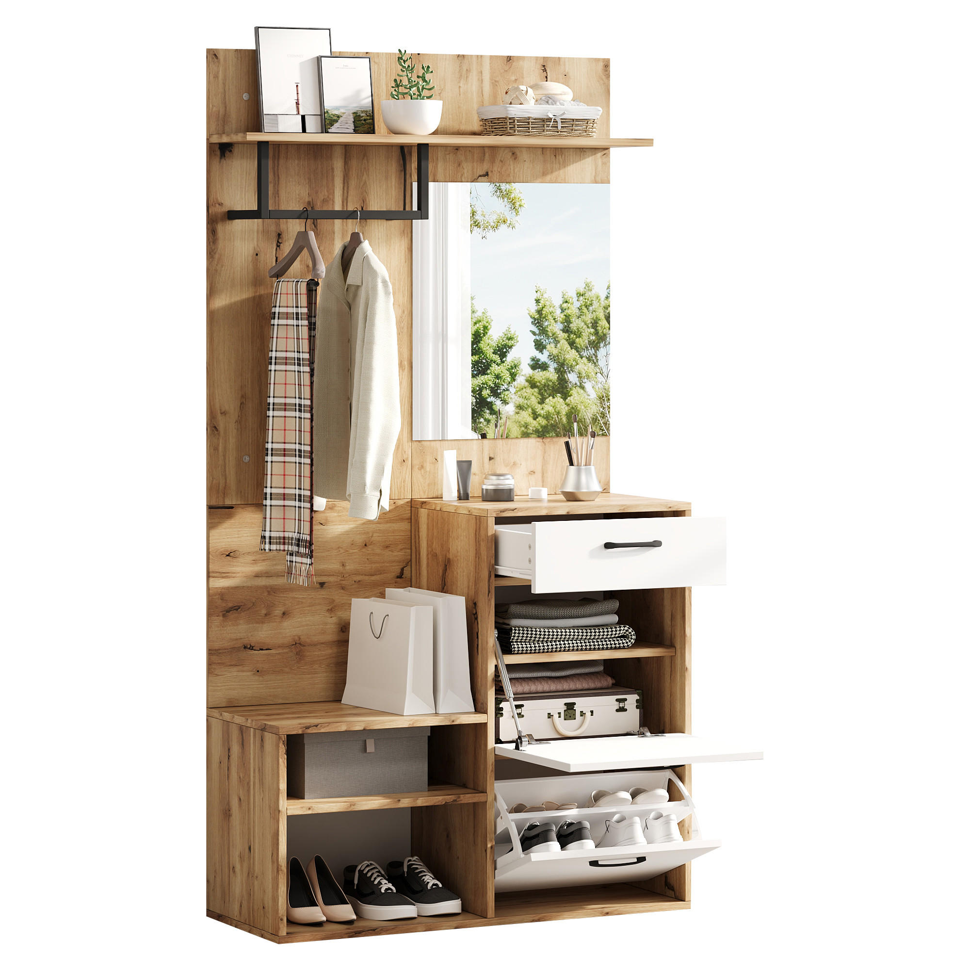 DIELENGARDEROBE mit Spiegel und Sitzbank 100/38,5/190 cm in Weiß/Natur - Weiß, Holzwerkstoff (100/190/38.5cm) - BEAOK