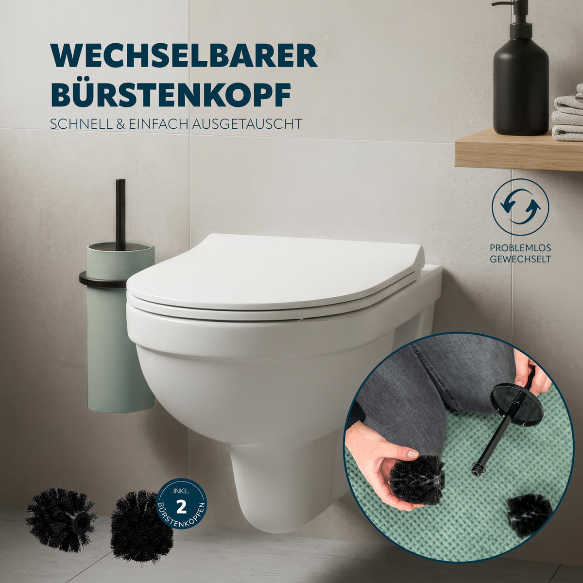 WC-GARNITUR 2-TLG. Bürste u. Eimer SAVONA Softtouch inkl. Wandhalterung, rund - salbei - Salbeigrün, Kunststoff (19/24.5/19cm) - bremermann