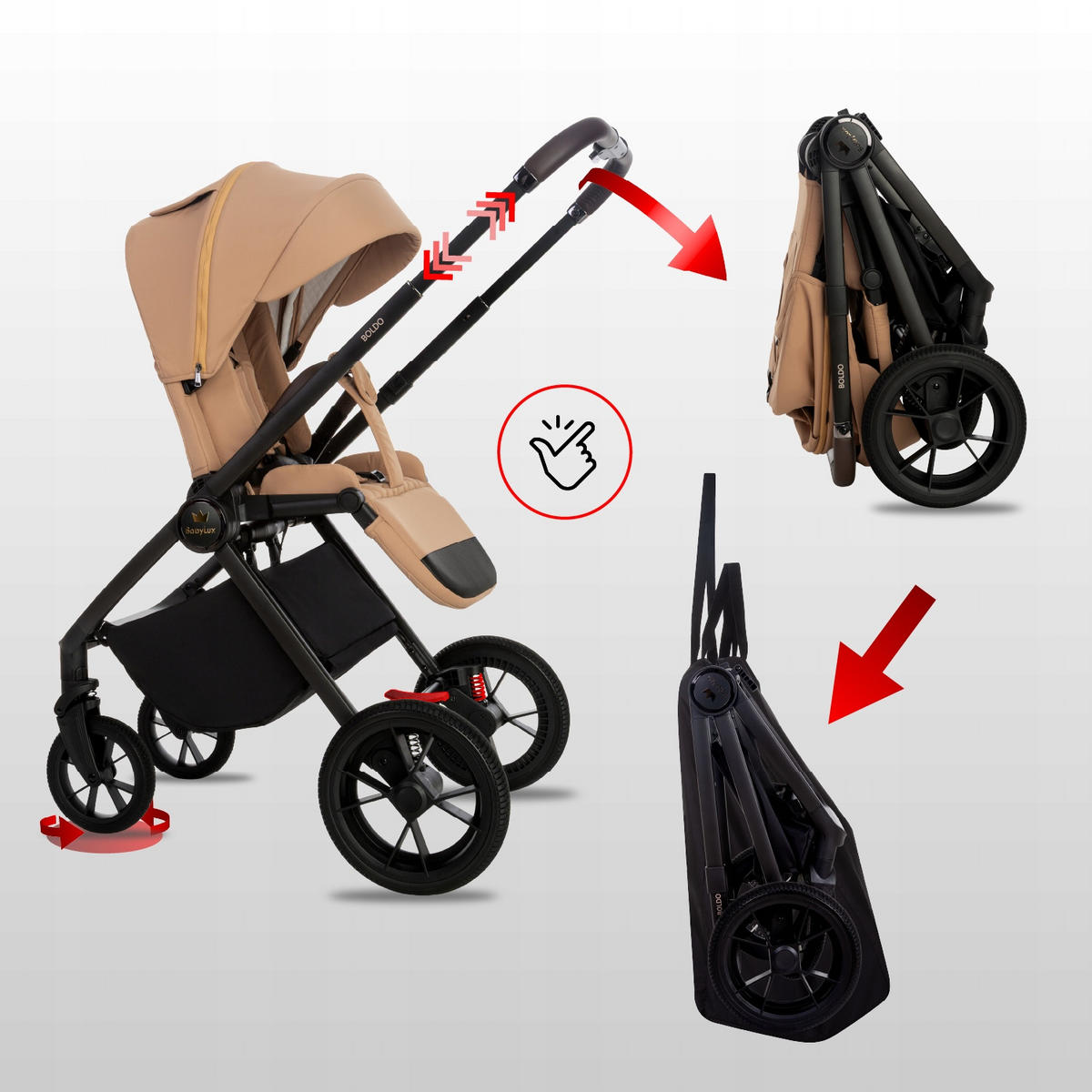 KINDERWAGEN Boldo 3in1 Sapphire Babywanne, Buggy Sportsitz, Babyschale I-Size - Beige/Schwarz, Textil/Metall (58/98cm) - BabyLux