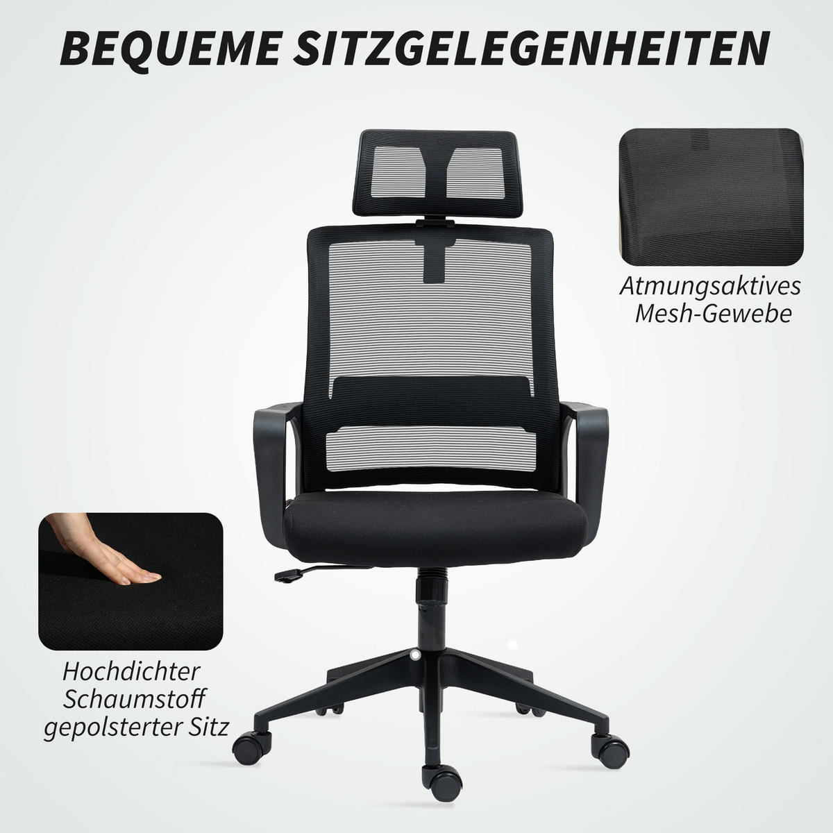 BÜROSTUHL Verstellbar Kopfstütze, Schwarz - Schwarz, Textil (64/112/60cm) - HOMCOM