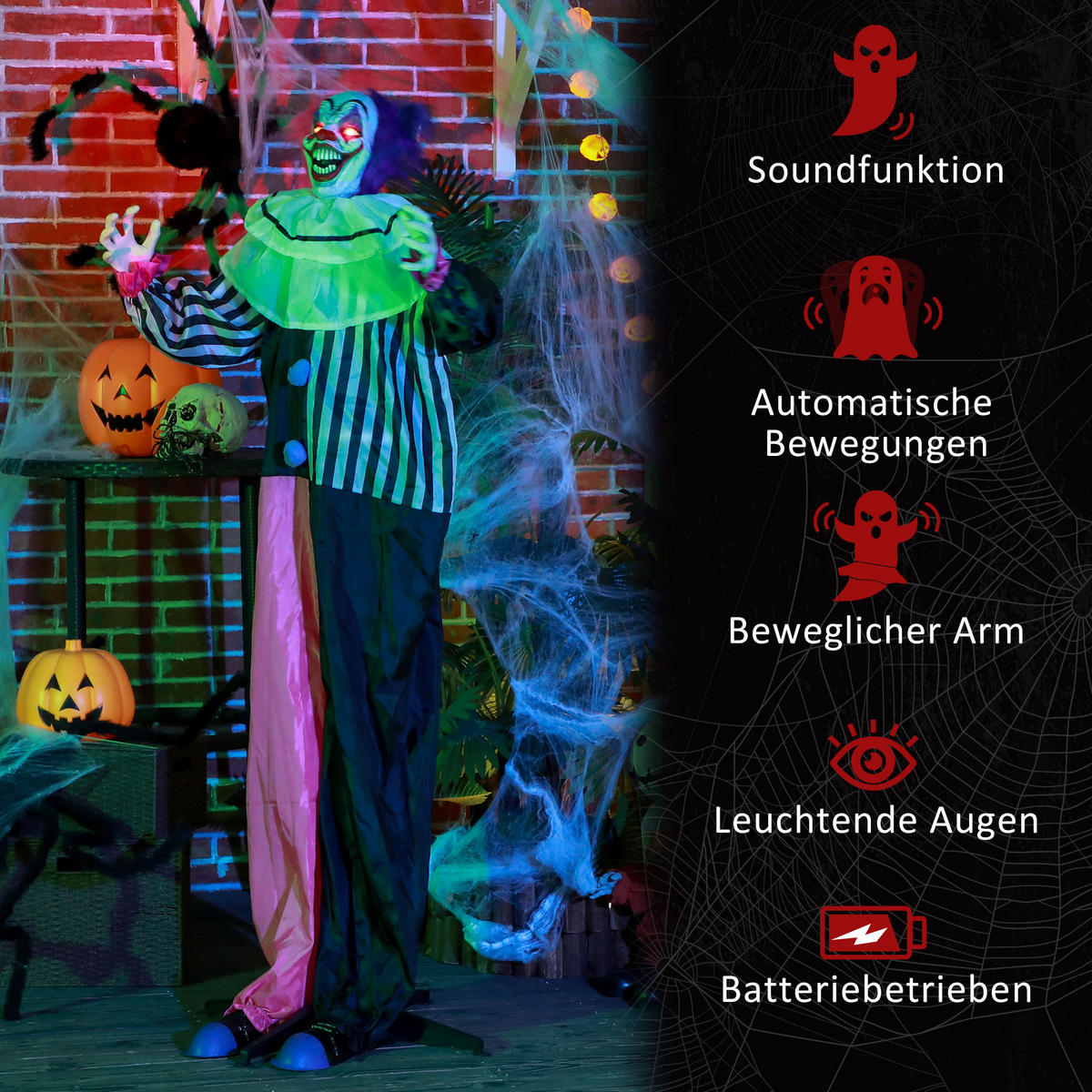 HALLOWEEN-DEKORATION Grusel-Clown 173 cm mit LED-Lichter, Soundfunktion - Multicolor, Textil (18/173/60cm) - HOMCOM