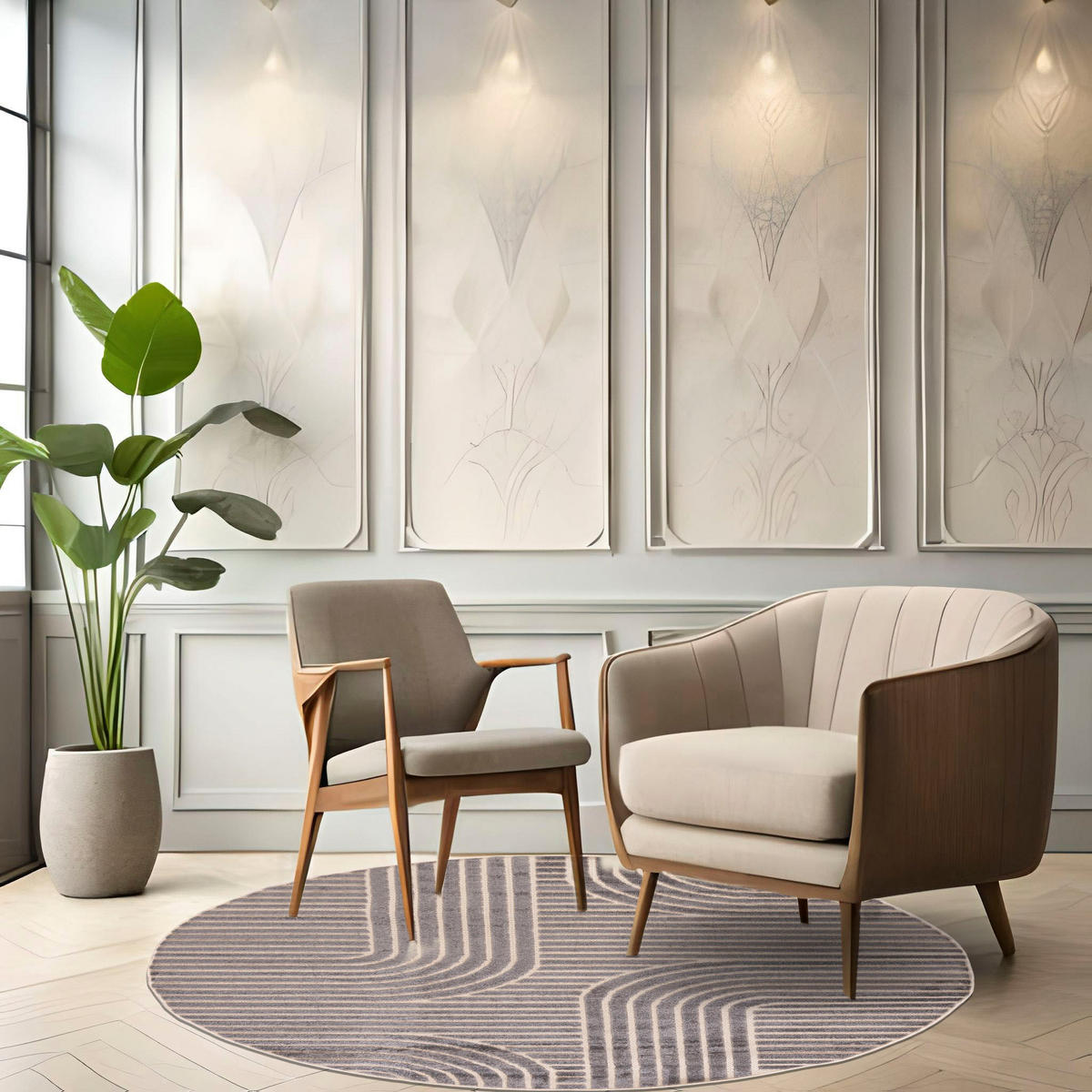 TEPPICH Grau Rund Geometrisch - Kurzflor Rund - Minimalistisch, Stilvoll - 150 x 150 cm - Creme/Grau, Textil (150/150cm) - Mazovia