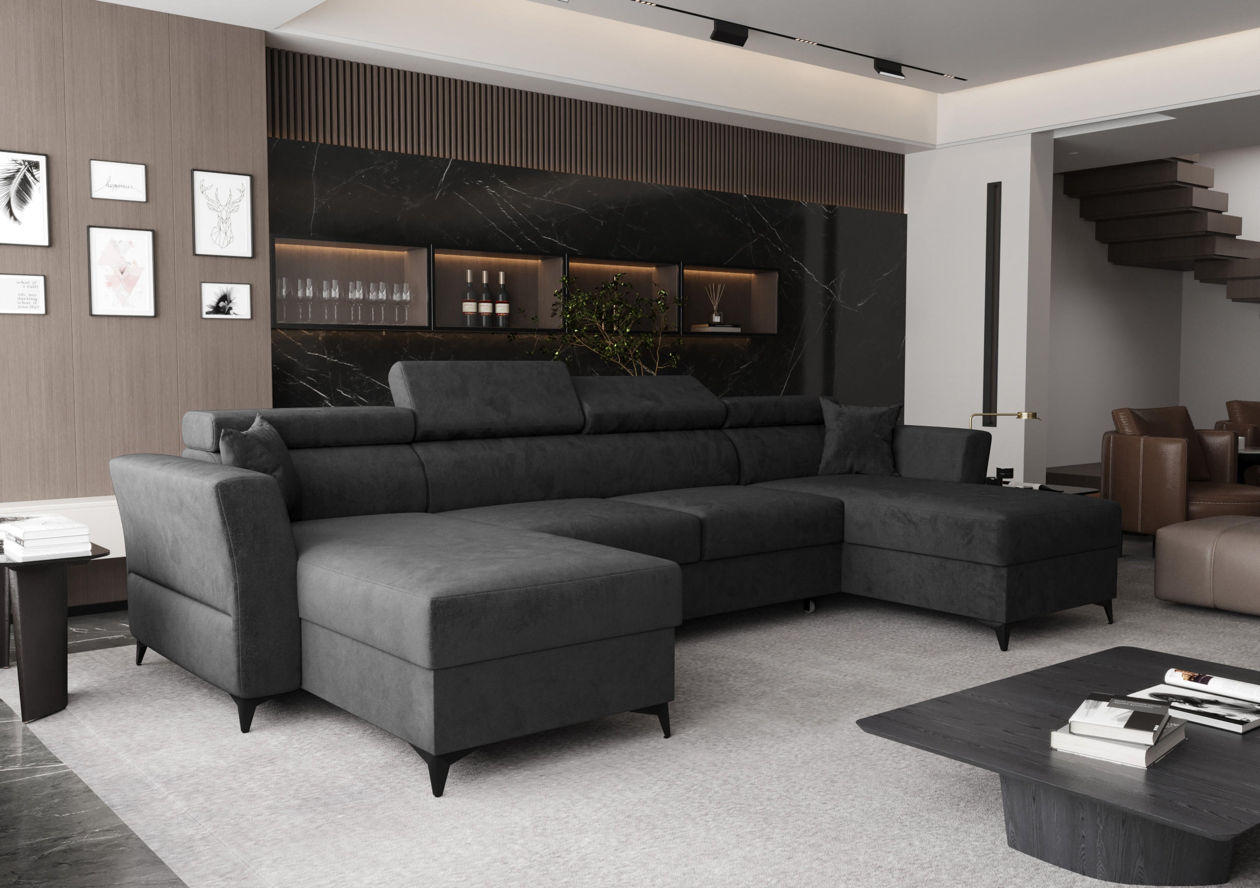 WOHNLANDSCHAFT Ribella Anthrazit 345/180/100 cm mit Schlaffunktion - Schwarz/Grau, Textil/Metall (345/100/180cm) - AX Living