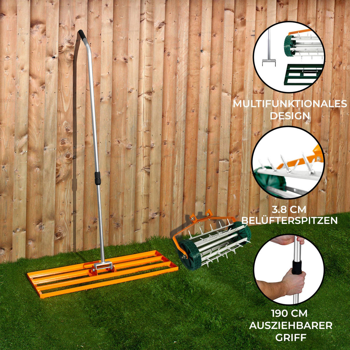 RASENRAKEL 100cm und rollender Rasenlüfter – Orange - Orange, Metall (100/115/32cm) - T-Mech