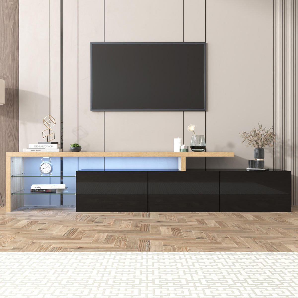 TV-SCHRANK Modern Hochglanzschwarz Holzoptik Glasböden LED-Beleuchtung - Schwarz, Holz (48/22/64cm) - FLIEKS