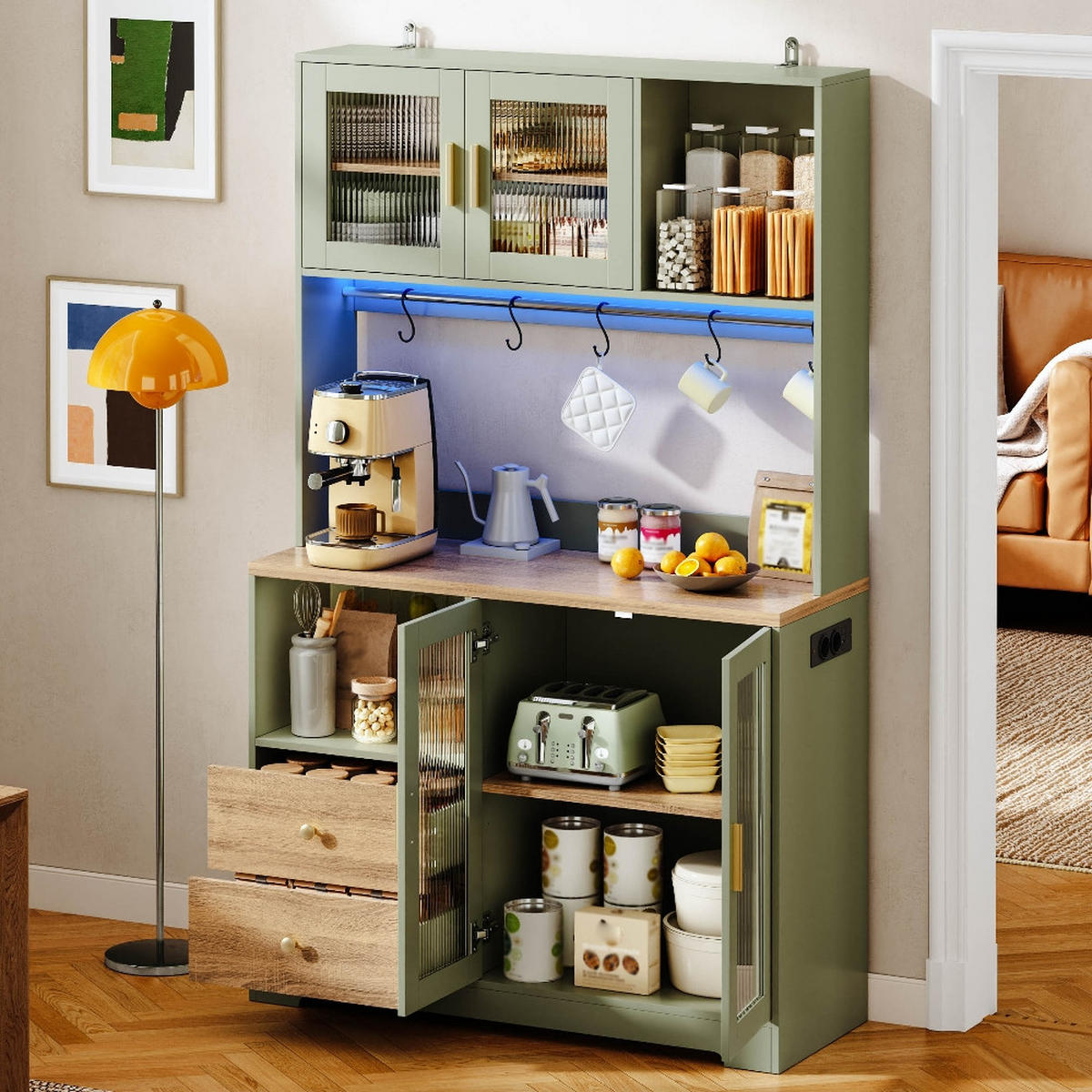 KÜCHENSCHRANK mit LED, Hochschrank, Vitrine mit Glastüren, Weinregal, Grün-Holzoptik, 110/40/178 cm - Grün, Kunststoff (40/178/110cm) - Rolipo