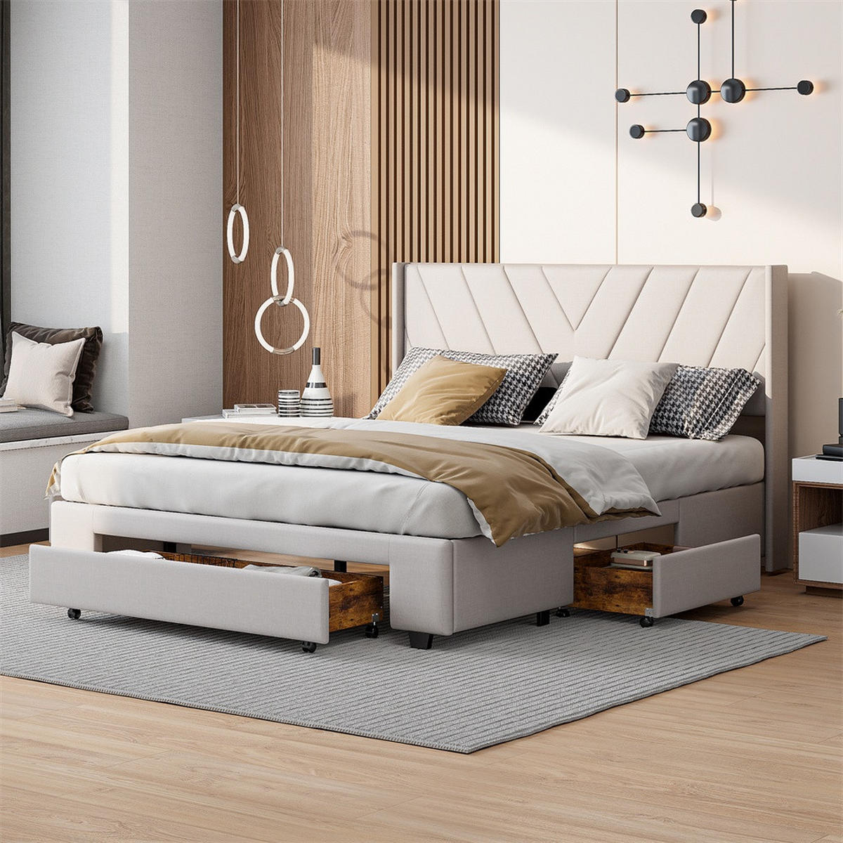 POLSTERBETT 140x200 cm mit 3 Schubladen - Kopfteil mit minimalistischem Liniendesign - ohne Matratze - Beige - Beige, Textil (140/200cm) - DELFA