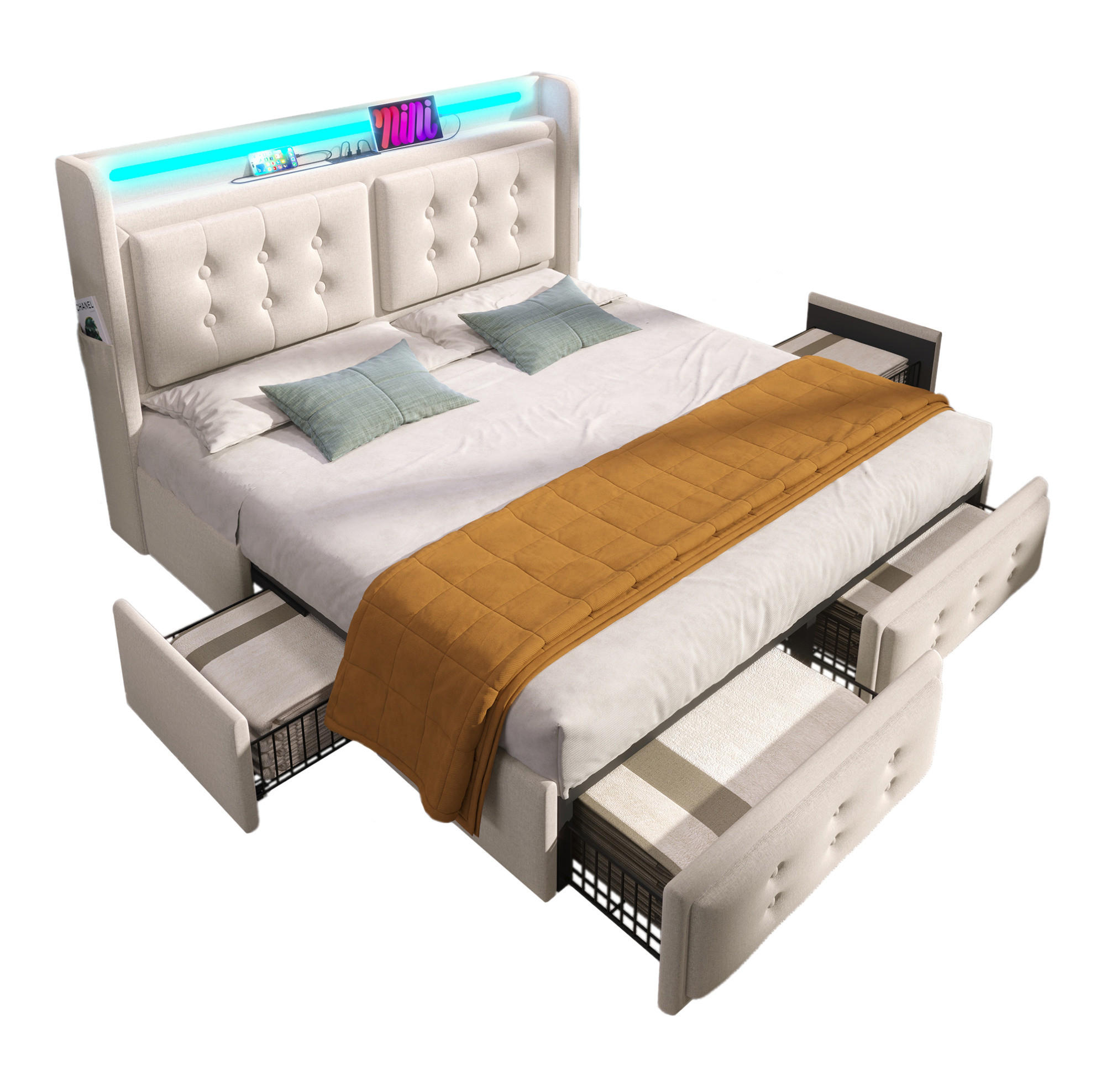 Modfu ČALOUNĚNÁ postel z bavlněno-lněné tkaniny 140x200 cm béžová s LED osvětlením, USB-C a úložným prostorem