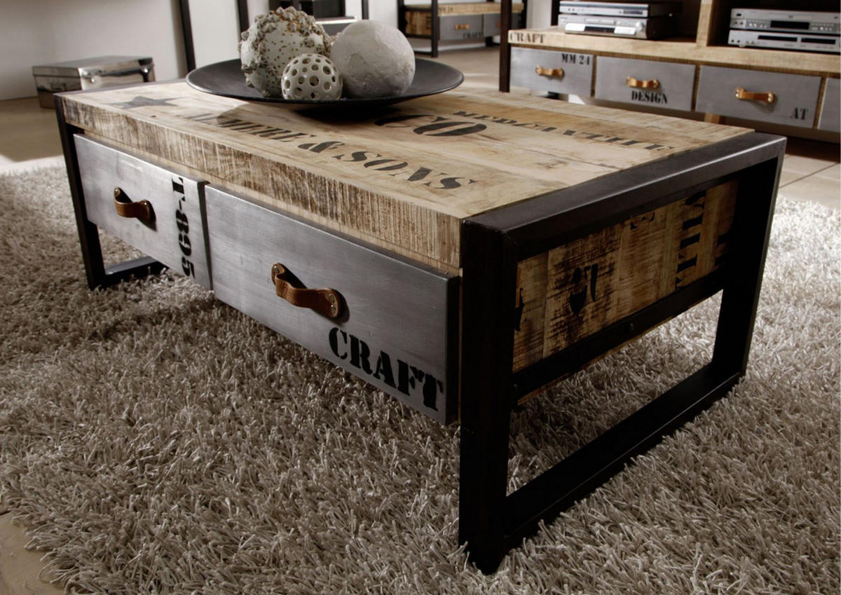 COUCHTISCH Mango 115x60x40 natur bedruckt FACTORY #128 - Naturfarben, Holz (115/60/40cm) - Massivmoebel24