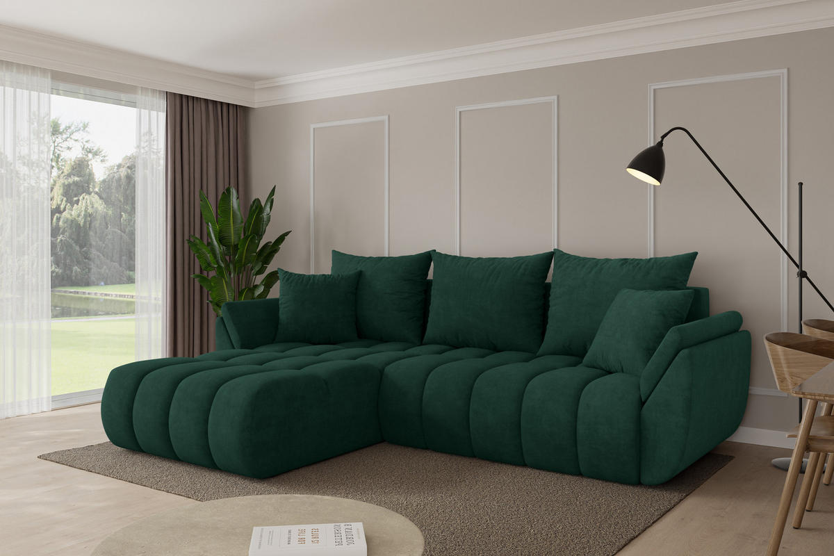 ROHOVÁ SEDAČKA s funkcí spaní, otoman vlevo TOKO-L-v1 277x194x86 zelená velur - černá/zelená barva, kompozitní dřevo/textil (277/194cm) - ALTDECOR