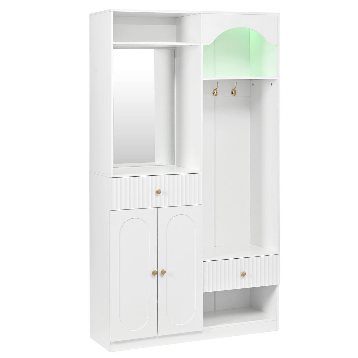 KOMPAKTGARDEROBE Spiegel Schuhschrank Sitzbank Haken LED - Weiß, Holzwerkstoff (100/180/35cm) - FLIEKS