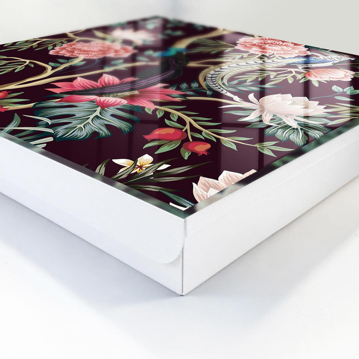 SCHLÜSSELBOX Weiß 30x30 cm – Türöffnung nach rechts - Blumen und Vögel - Pink, Metall (30/30/5cm) - TULUP