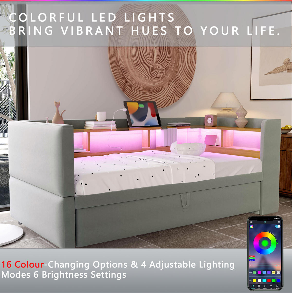 POLSTERBETT 90/180 cm hellgrau aus Flanell mit LED-Beleuchtung und Steckdosen - Hellgrau, Textil (90/190cm) - OKMYHOME
