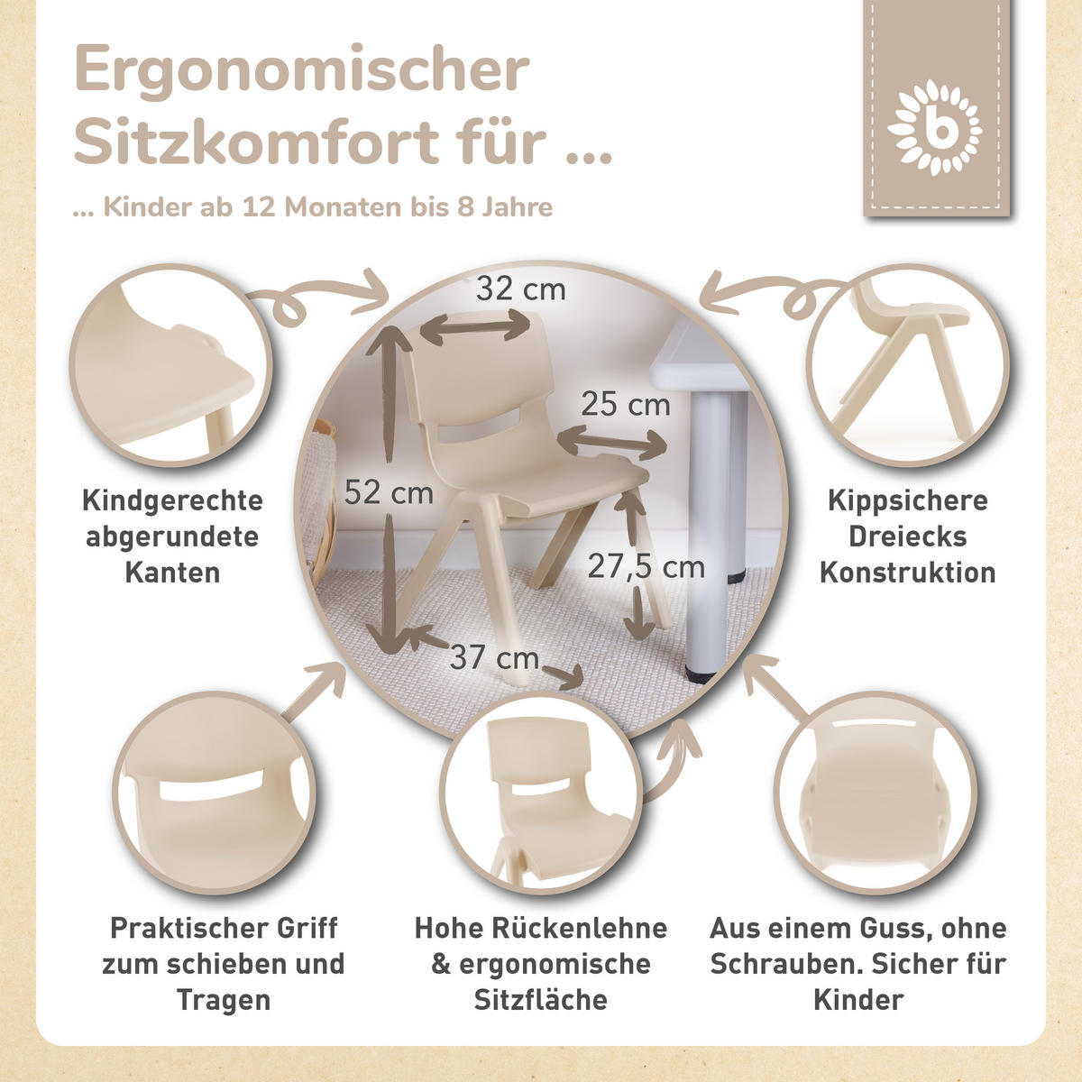 KINDERSTUHL ab 1 jahr bis 80 kg belastbar stapelbar drinnen draußen gartenstuhl kinder-stuhl kinderzimmer klapp - Gelb, Kunststoff (34/51.5/36cm) - Bieco Spielwaren