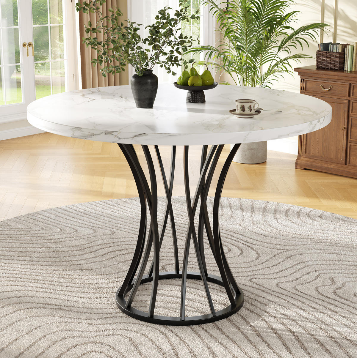 ESSTISCH 80x80x76 cm in Weiß und Schwarz aus MDF mit Marmormuster auf Metallgestell - Schwarz, Holzwerkstoff (80/80/76cm) - Modfu