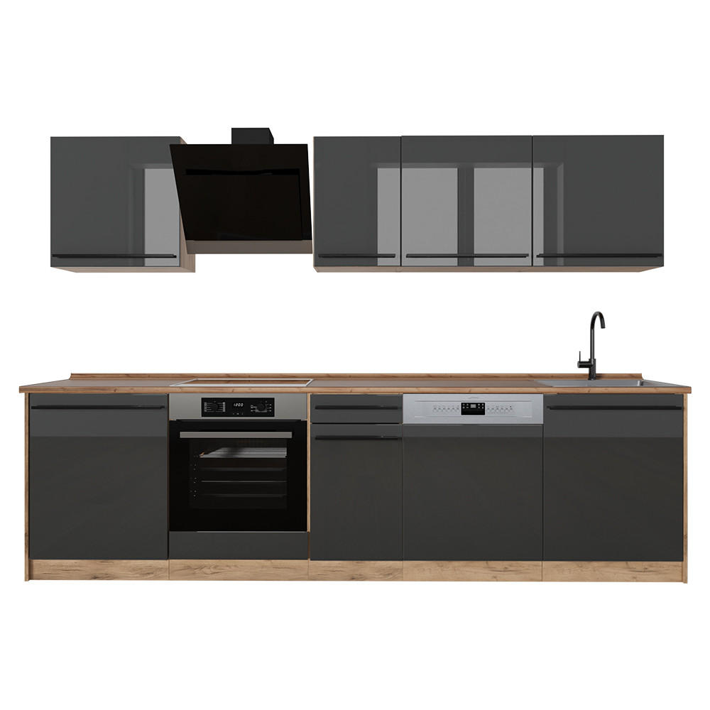 KÜCHENZEILE R-Line, Anthrazit Hochglanz/Goldkraft Eiche, 280 cm Arbeitsplatte Goldkraft Eiche - Honigeiche/Schwarz Hochglanz, Holzwerkstoff (280/206.8/60cm) - Vicco