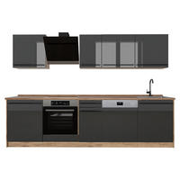 KÜCHENZEILE R-Line, Anthrazit Hochglanz/Goldkraft Eiche, 280 cm Arbeitsplatte Goldkraft Eiche - Honigeiche/Schwarz Hochglanz, Holzwerkstoff (280/206.8/60cm) - Vicco