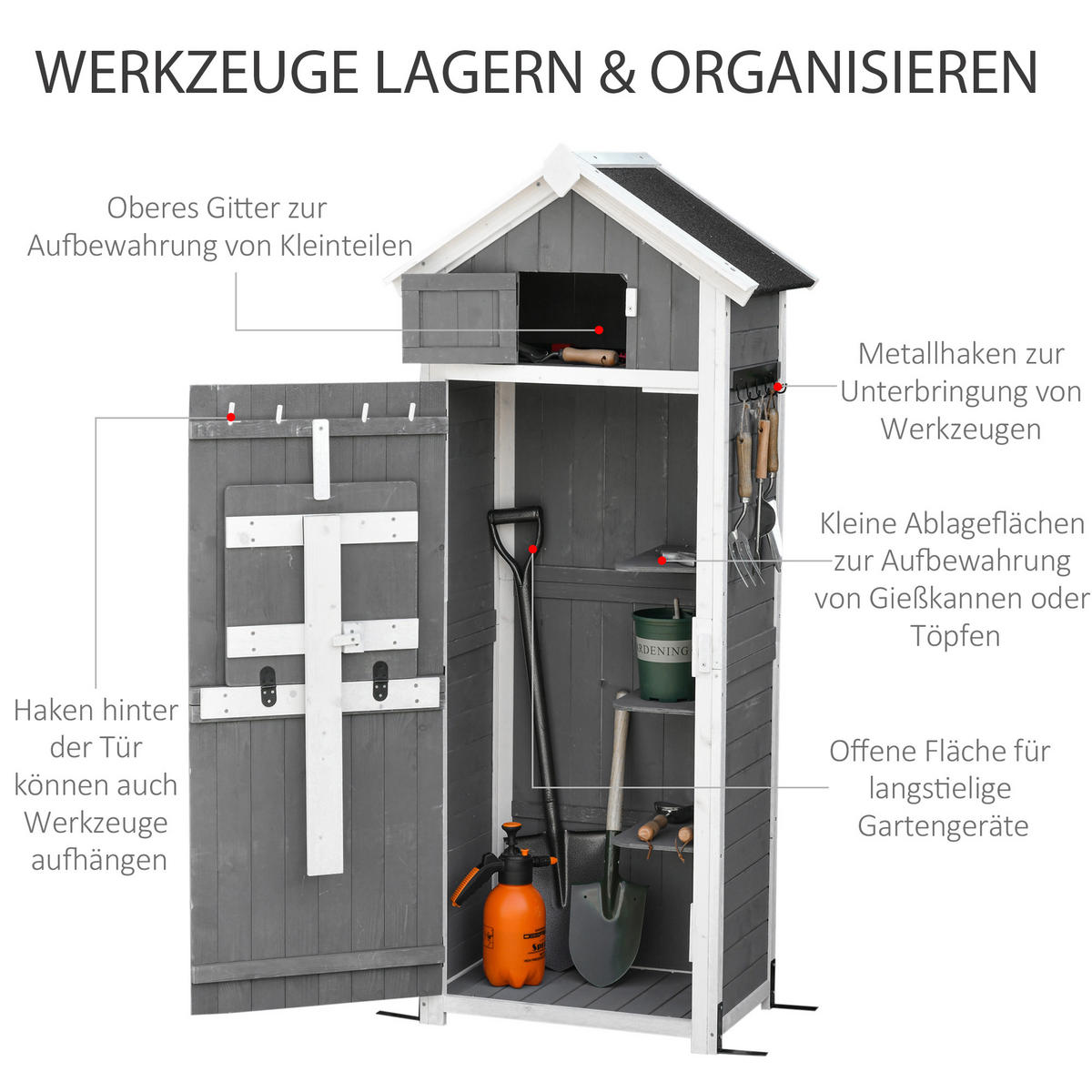 GARTENSCHRANK aus Holz, Gerätehaus mit Tür Dach, Geräteschuppen mit Hacken, Grau - Dunkelgrau, Holz (52.5/182/78cm) - Outsunny
