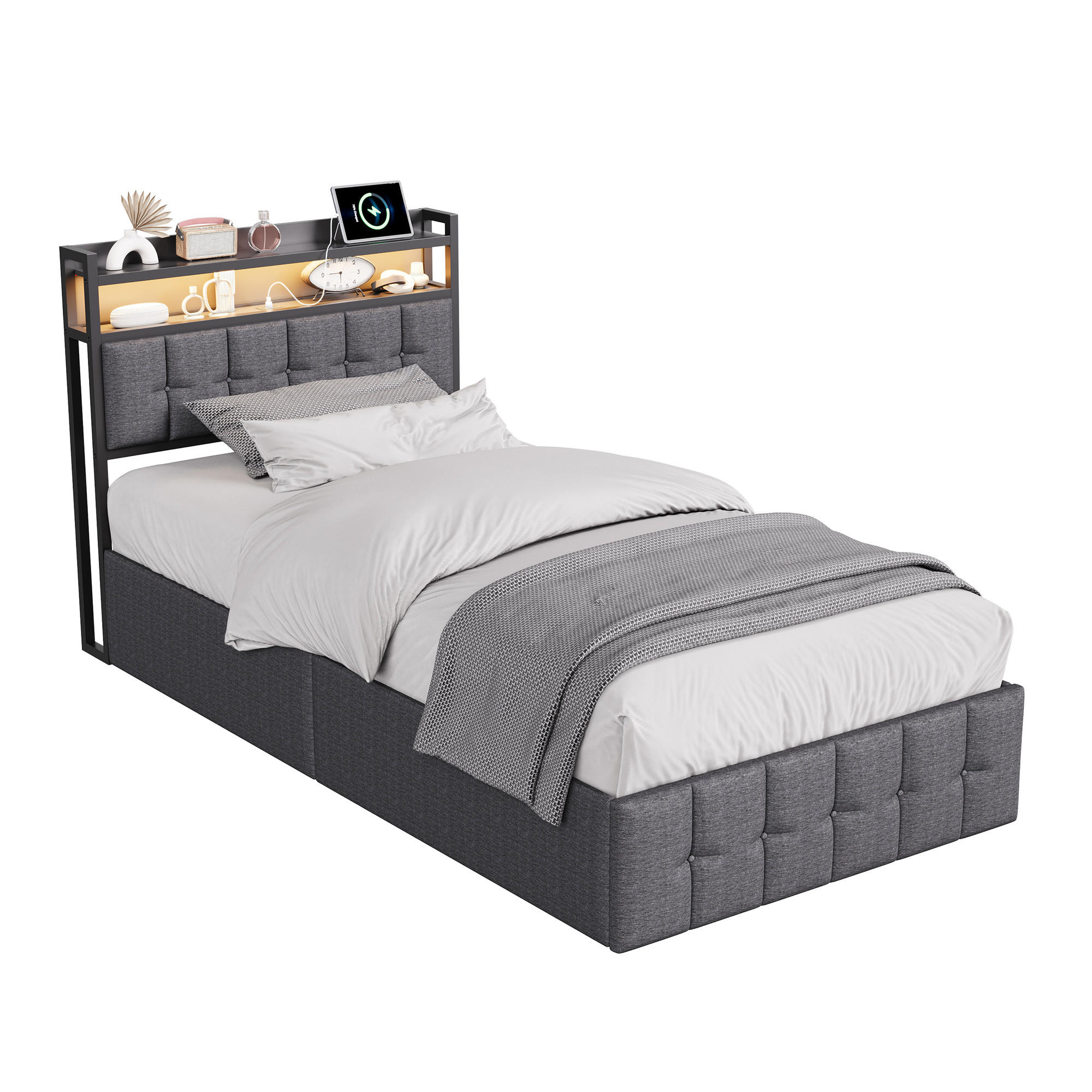 POLSTERBETT 90x200 cm Grau mit LED Beleuchtung, Kopfteil mit Ablage und USB/Type-C, Stauraumbett hydraulisch - Grau, Metall (90/200cm) - EuroLiving