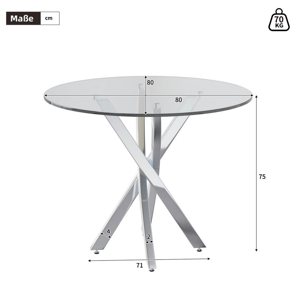 JÍDELNÍ stůl 80/80/75 cm stříbrný z tvrzeného skla s kovovou podnoží - stříbrná, sklo (80/80/75cm) - OKWISH