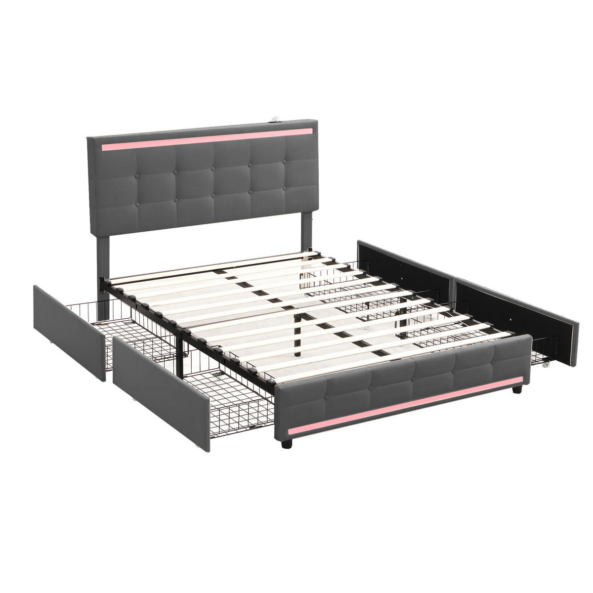 POLSTERBETT 140x200cm mit höhenverstellbarem Kopfteil und 4 Schubladen, LED und USB Sicherheitssteckdose, Leinen, Grau - Grau, Holz/Metall (140/200cm)