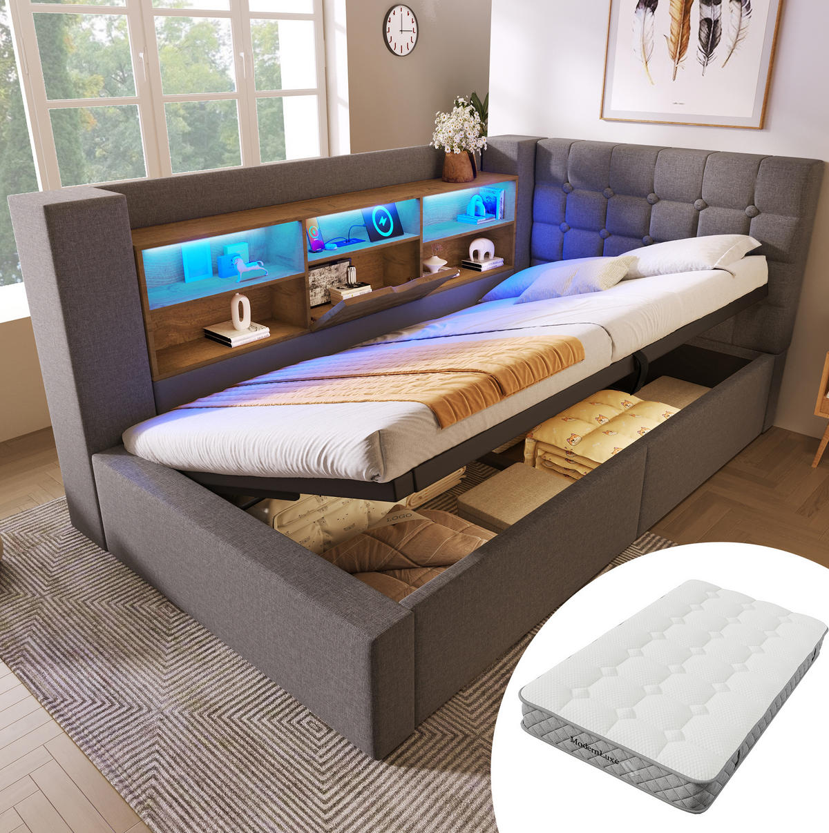 BETT mit LED und Stauraum inkl. Matratze 90x200 cm Leinen Grau - Grau, Metall (90/200cm) - Meubliv