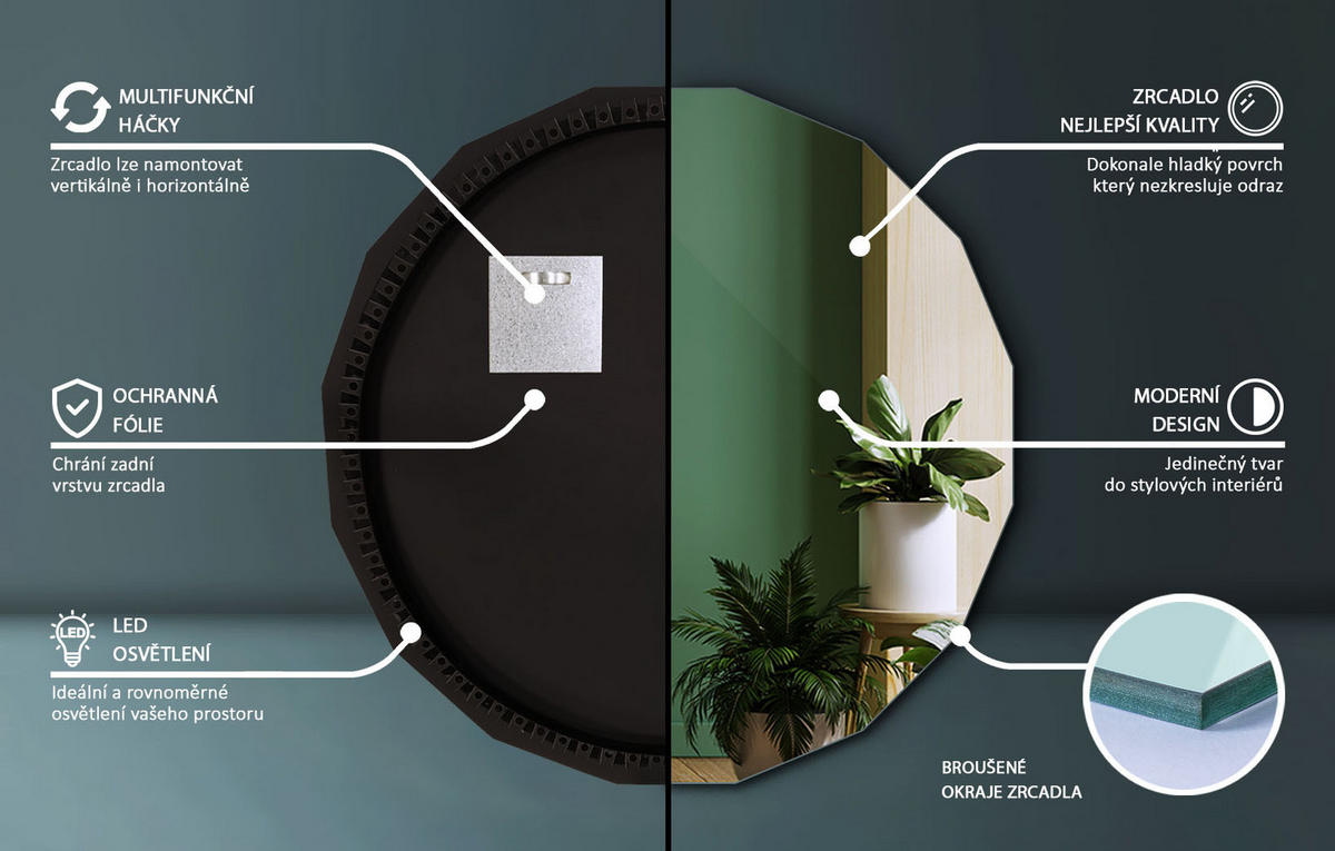 ZRKADLO Polygonálne 100x100 cm LED 4000K neutrálne svetlo - svetlomodrá, sklo (100/100/0.4cm) - TULUP