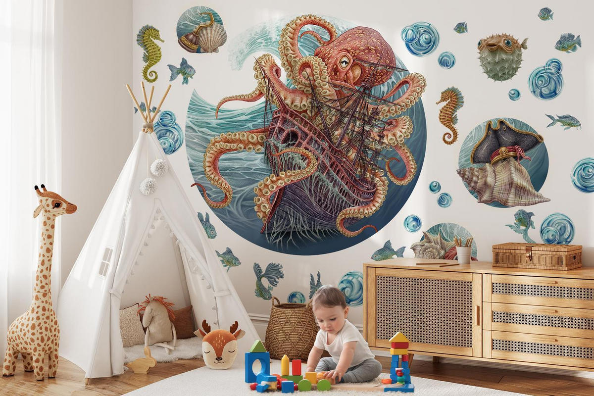 AUFKLEBER 130x156 cm Unterwasserwelt Oktopus - Blau, Kunststoff (130/156/0.1cm) - TULUP