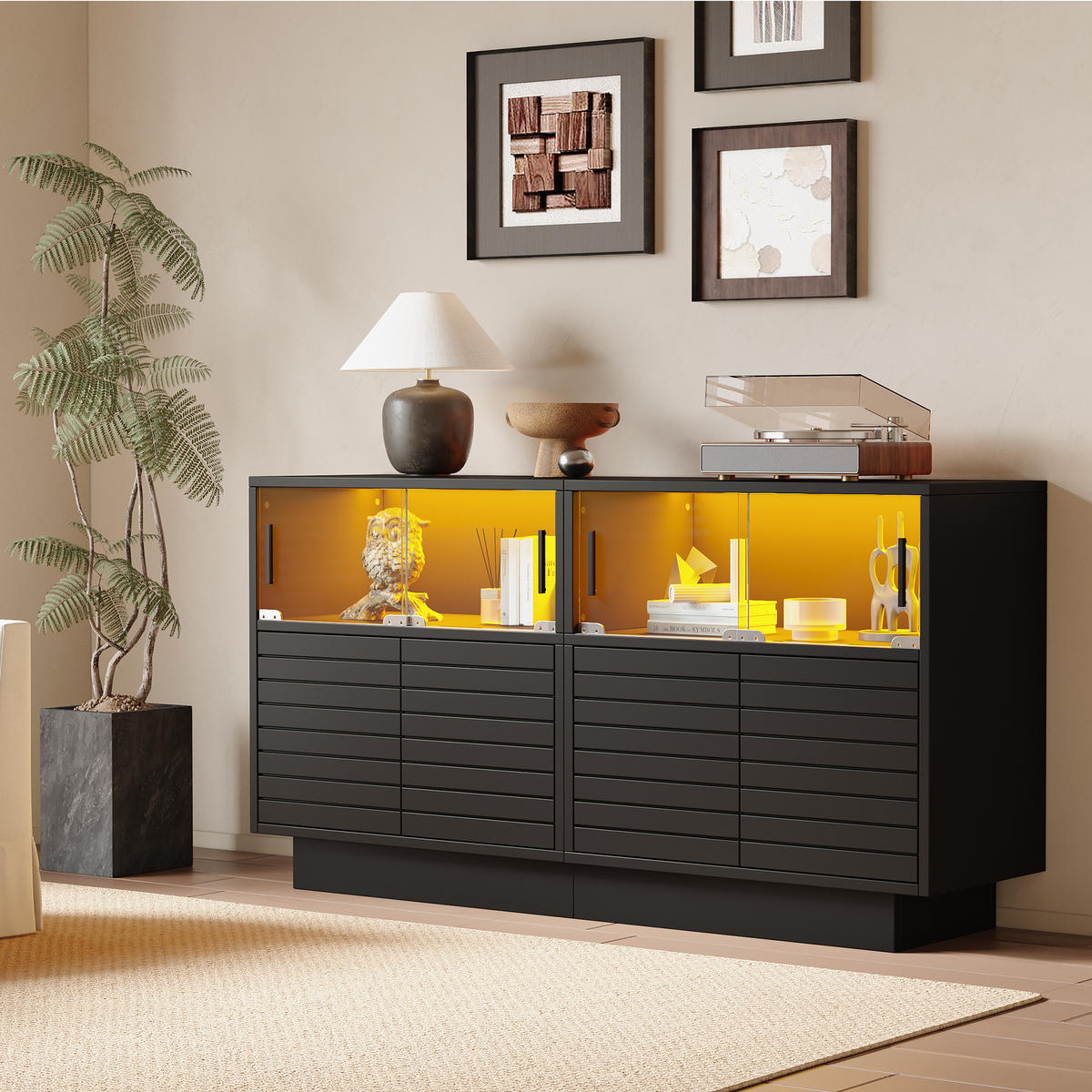 SIDEBOARD LED 2 Türen 4 Fächer Glas 130x35x68cm Stauraum - Schwarz, Holzwerkstoff (35/68/130cm) - FLIEKS