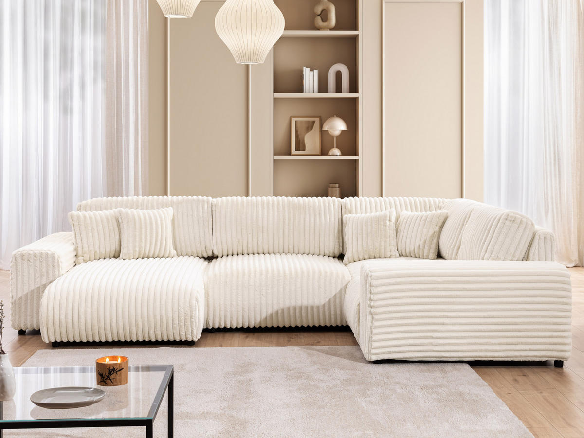 WOHNLANDSCHAFT Mollis Hellbeige Plüschcord im XXL-Format - Ottomane Links - Beige/Schwarz, Holz/Kunststoff (316/77/194cm) - S-Style Möbel