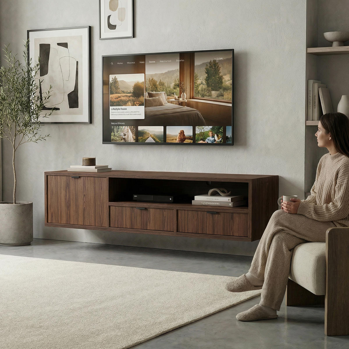 HÄNGELOWBOARD Evron mit 2 Schubladen und 1 Tür, 150 cm, Walnuss - Walnussfarben, Holzwerkstoff (150/35/40cm) - Beautysofa