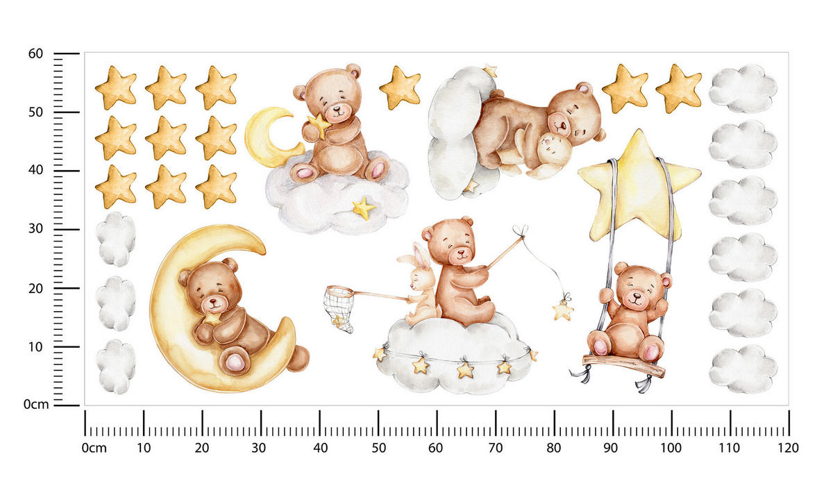 WANDSTICKER Teddybären Wolken Monde Sterne 120x60 - Gelb/Beige, Papier (120/60/1cm) - Muralo