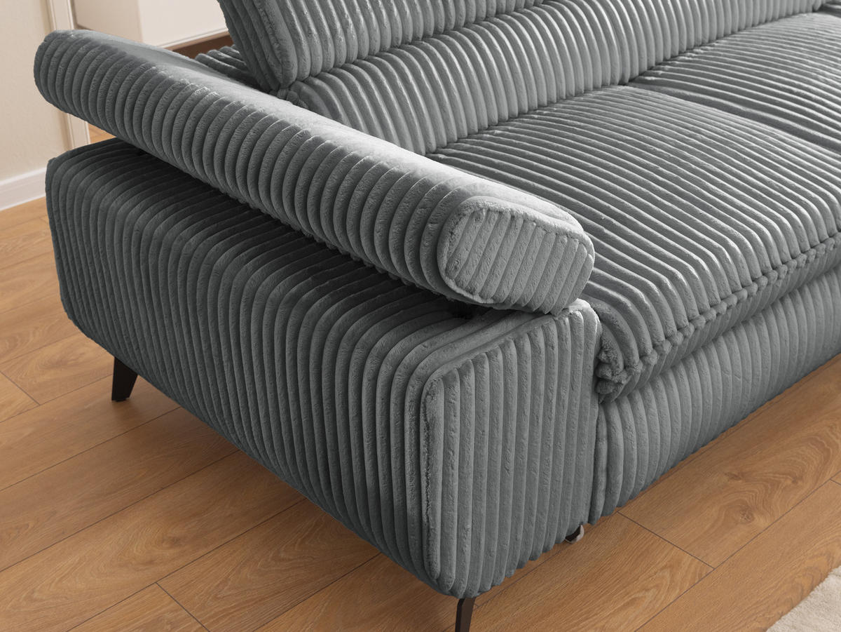 ECKSOFA mit Schlaffunktion und Bettkasten Bonnie aus Grau Cord-Stoff mit verstellbaren Kopfstützen und Armlehne - Ottomane rechts - Schwarz/Grau, Holz/Textil (275/210cm) - S-Style Möbel