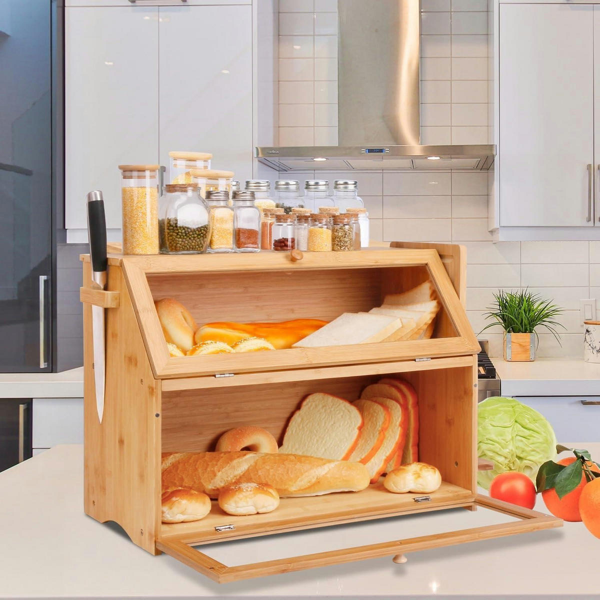 BROTKASTEN Bambus 2 Etagen mit Schneidebrett 50 cm - Hellbraun, Naturmaterialien (25/37/50cm)