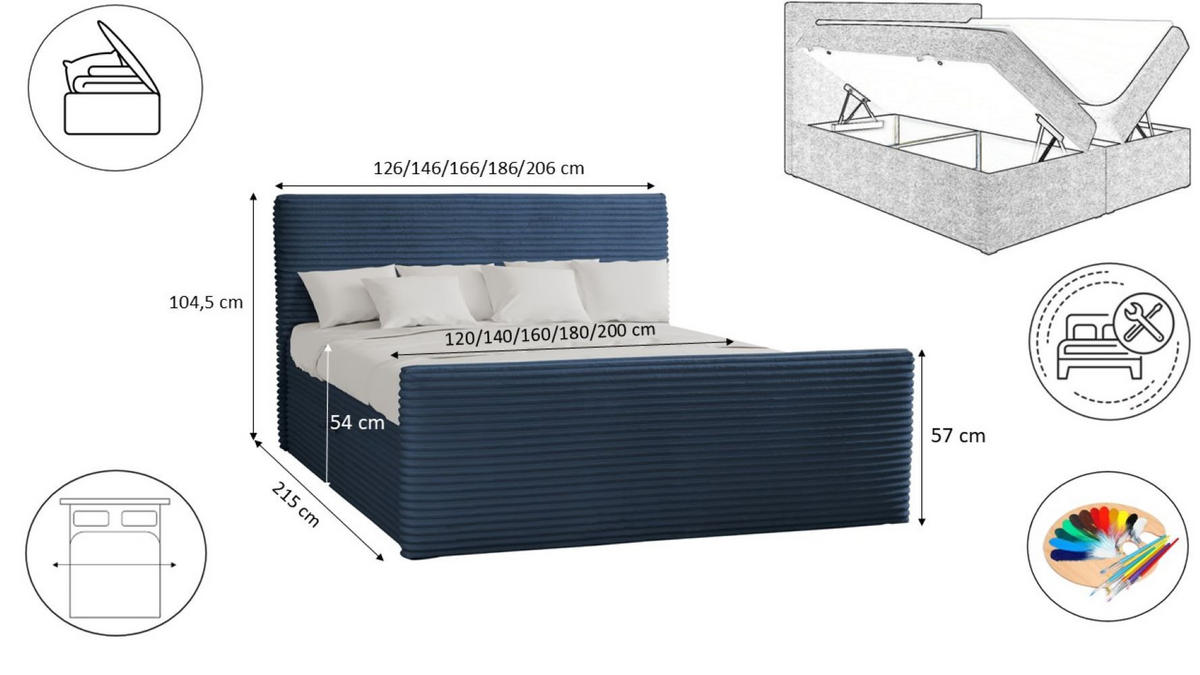 BOXBETT Mit Bettkasten Und Topper TRENTO Stoff Plüsch Cord 120x200 cm Dunkelblau H3-Bonell - Dunkelblau, Holz/Textil (120/200cm) - Kaiser Möbel