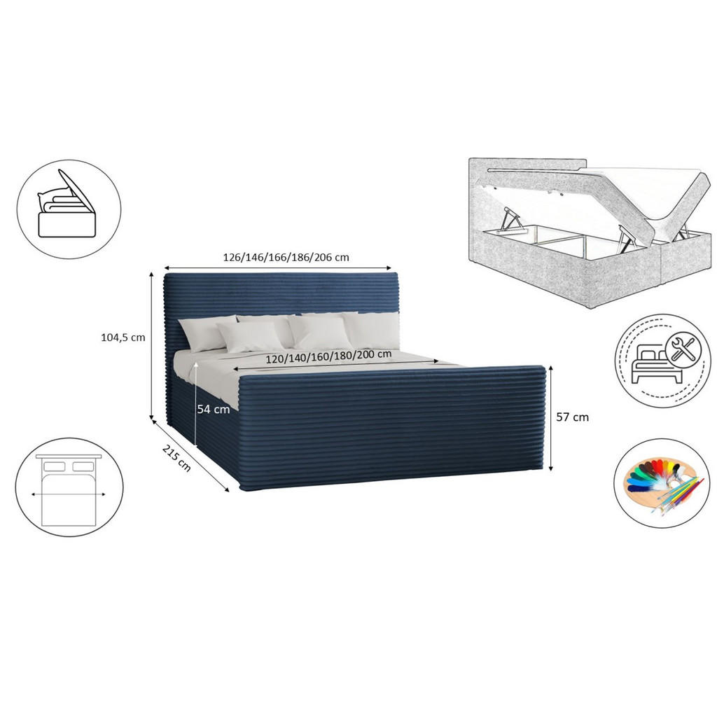Thumbnail - Kaiser Möbel Boxbett, Dunkelblau, Textil, H2, Höhe ca. 20 cm, Rechteckig, 140x200 cm, Schlafzimmer, Betten, Boxspringbet...