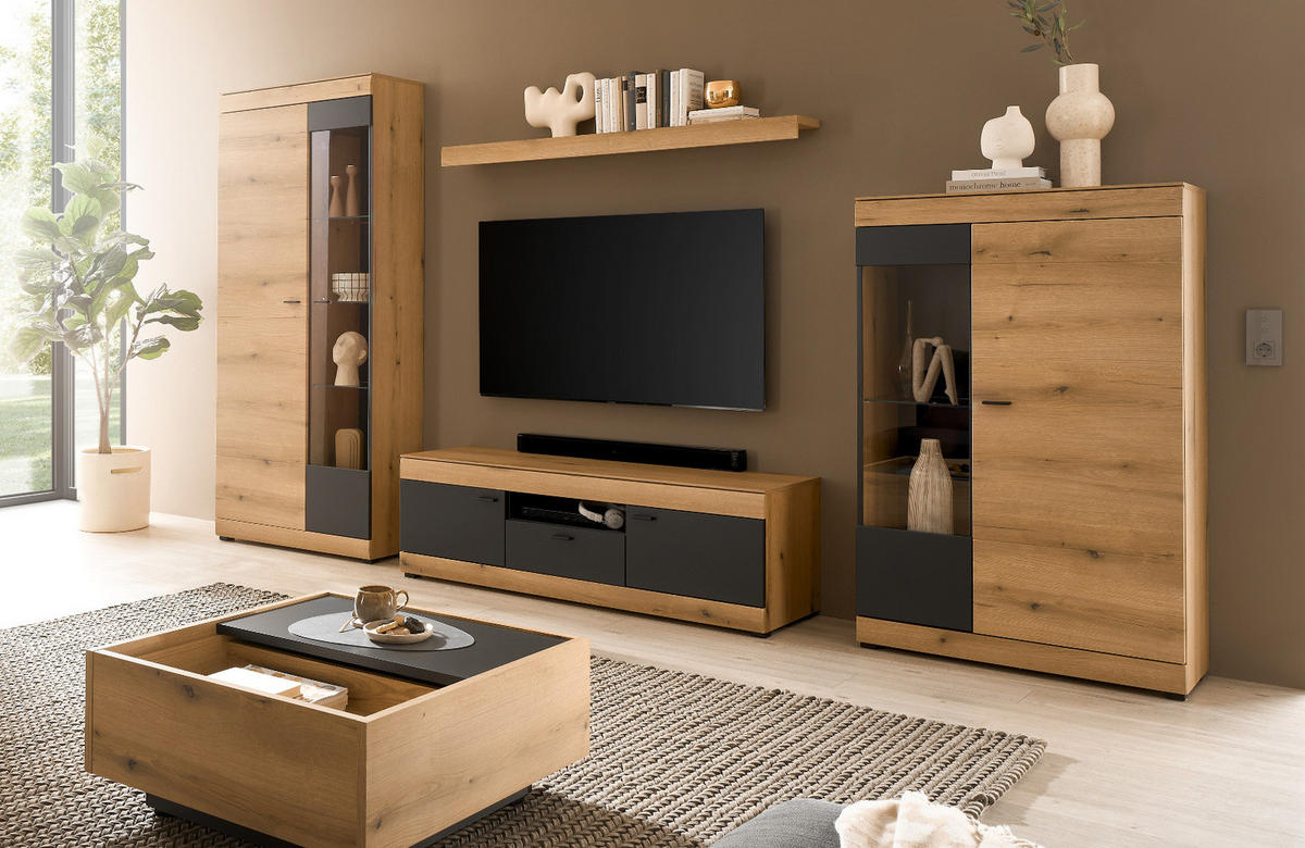 WOHNWAND Eiche, grau 350 cm 4-teilig, Wohnzimmer Set mit Soft-Close - Kaschmir/Eichefarben, Glas/Holzwerkstoff (350/201/45cm) - Furn.Design
