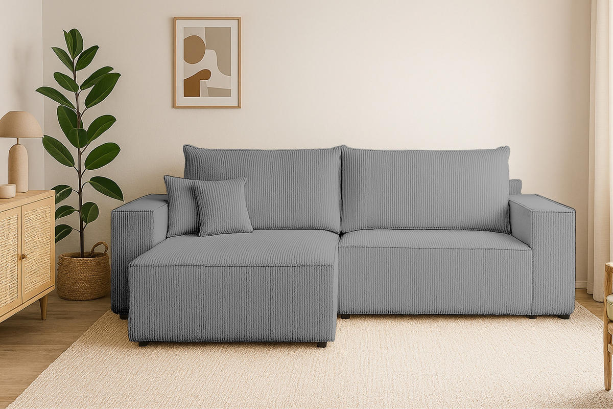ECKSOFA MATT 255/153 cm links in Cord Hellgrau - Hellgrau/Schwarz, Holz/Holzwerkstoff (255/153cm) - Deine Möbel 24