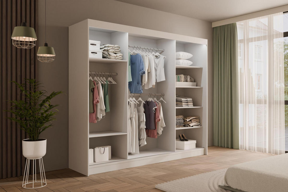 KLEIDERSCHRANK PEKA III mit LED - 250 cm - Weiß|Grau - Weiß/Grau, Holzwerkstoff (250/215/61cm) - ALTDECOR
