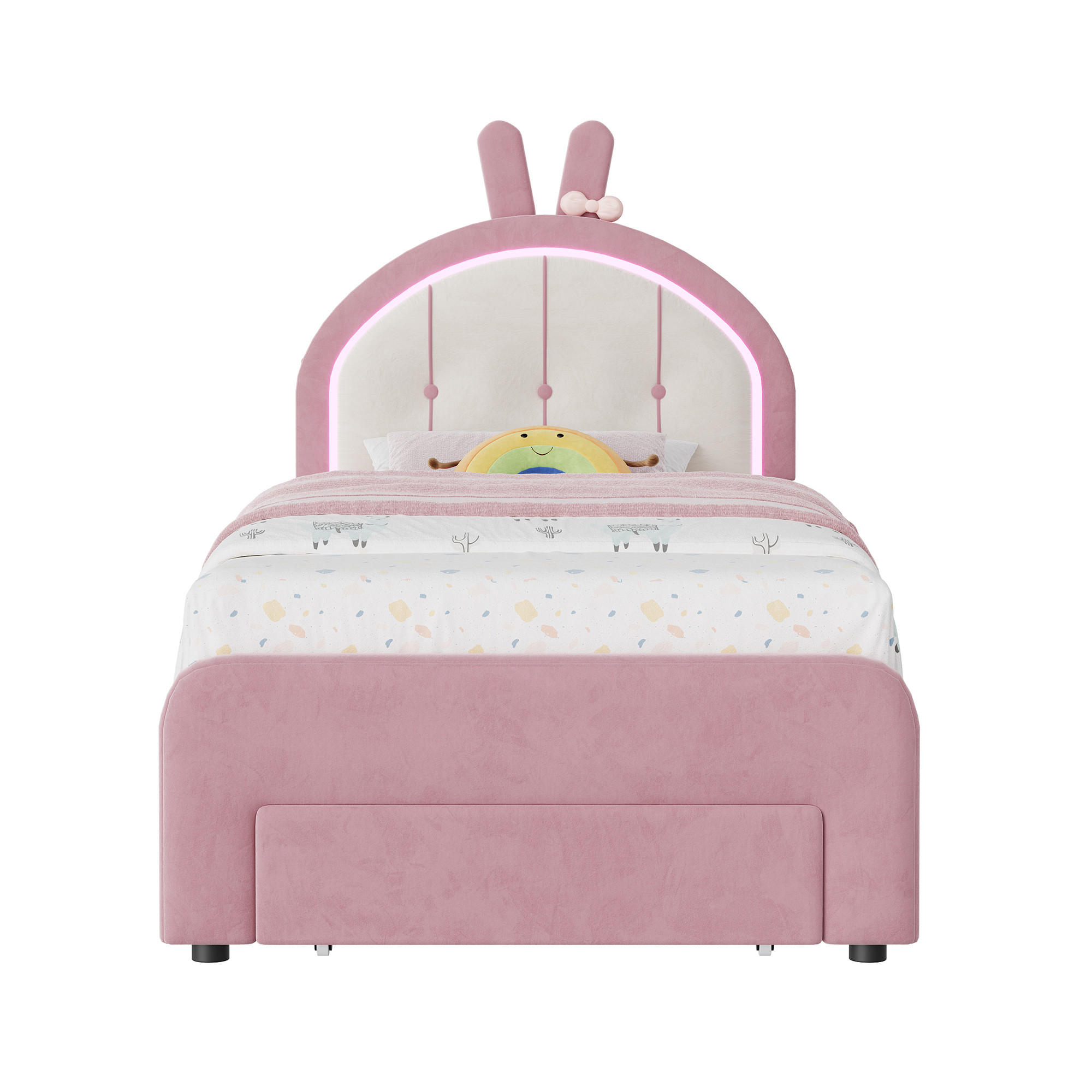 KINDERBETT 90x200 cm mit LED-Beleuchtung und Schubladen, Hasen-Kopfteil, höhenverstellbar, Samtstoff - Rosa, Holz/Metall (90/200cm) - GENKI LIVING