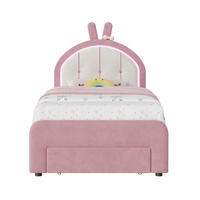 KINDERBETT 90x200 cm mit LED-Beleuchtung und Schubladen, Hasen-Kopfteil, höhenverstellbar, Samtstoff - Rosa, Holz/Metall (90/200cm) - GENKI LIVING