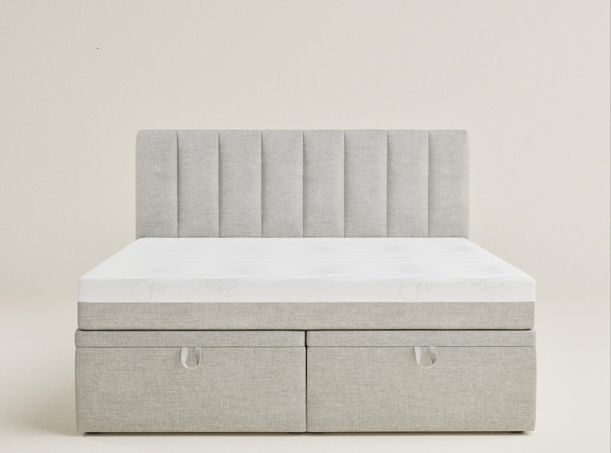 BOXBETT 160/200 cm Lovage M, in Hellgrau, Matratze, gepolstertes Kopfteil, Bettkasten, H3 = fest - Hellgrau/Schwarz, Holz/Holzwerkstoff (160/200cm) - Maison de Reve