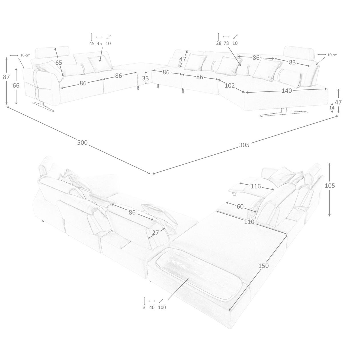 ECKSOFA Modulares Relax-Sofa mit Chaiselongue rechts, Stoff in Sandfarbe 500/305/87 cm - Sandfarben/Schwarz, Textil (500/305cm) - ANGEL CERDA