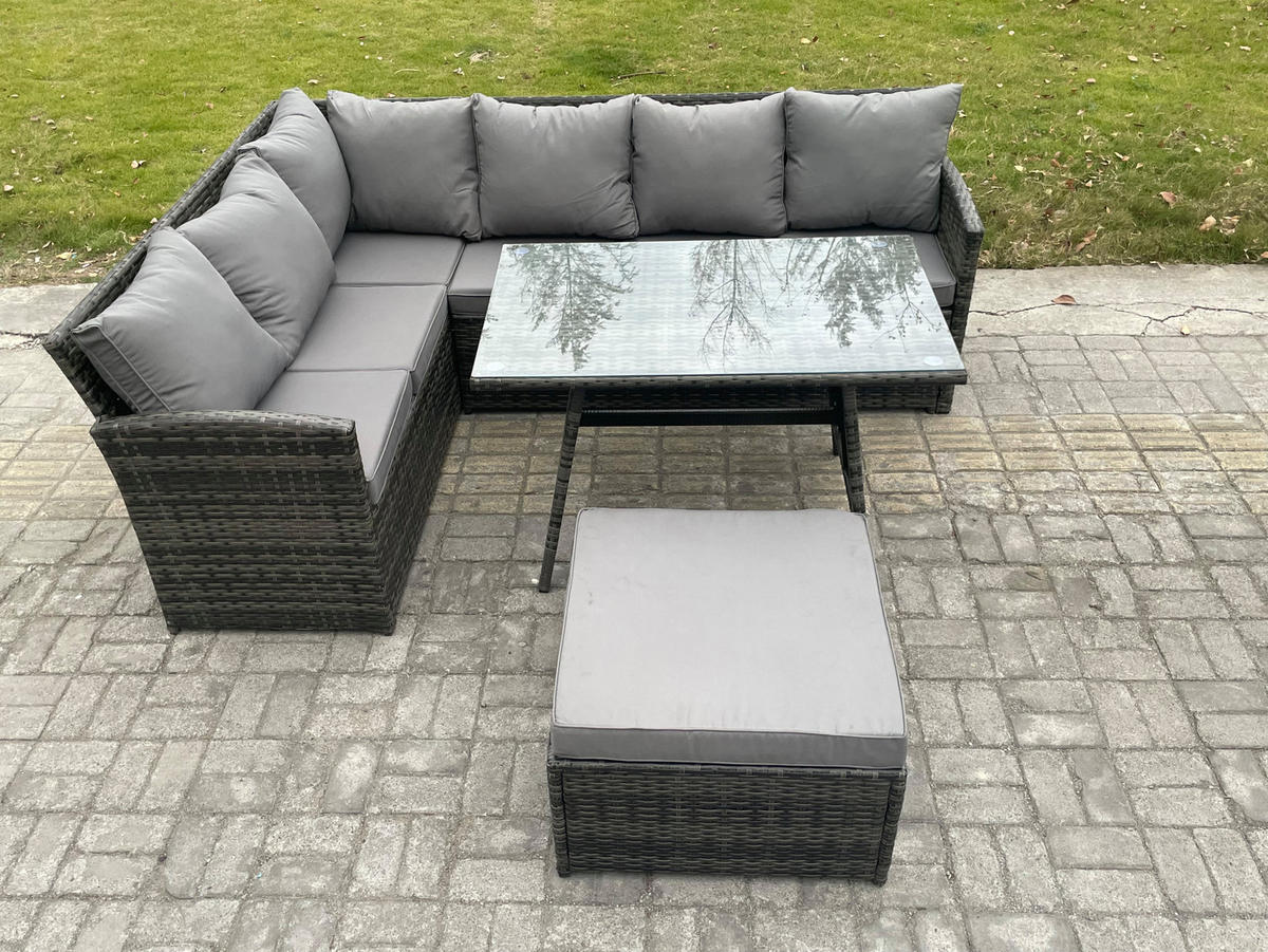 SITZGRUPPE mit Ecksofa,Fußhocker Polyrattan Dunkelgrau 7-Sitzer - Dunkelgrau/Grau, Glas/Kunststoff - Fimous