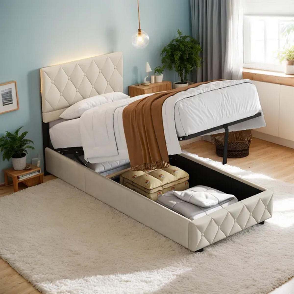 POLSTERBETT 90x190cm Beige mit Knopfnahtverzierung-Kopfteil, mit Bettkasten und Lattenrost - Beige, Holzwerkstoff/Textil (90/190cm) - EVRYAE