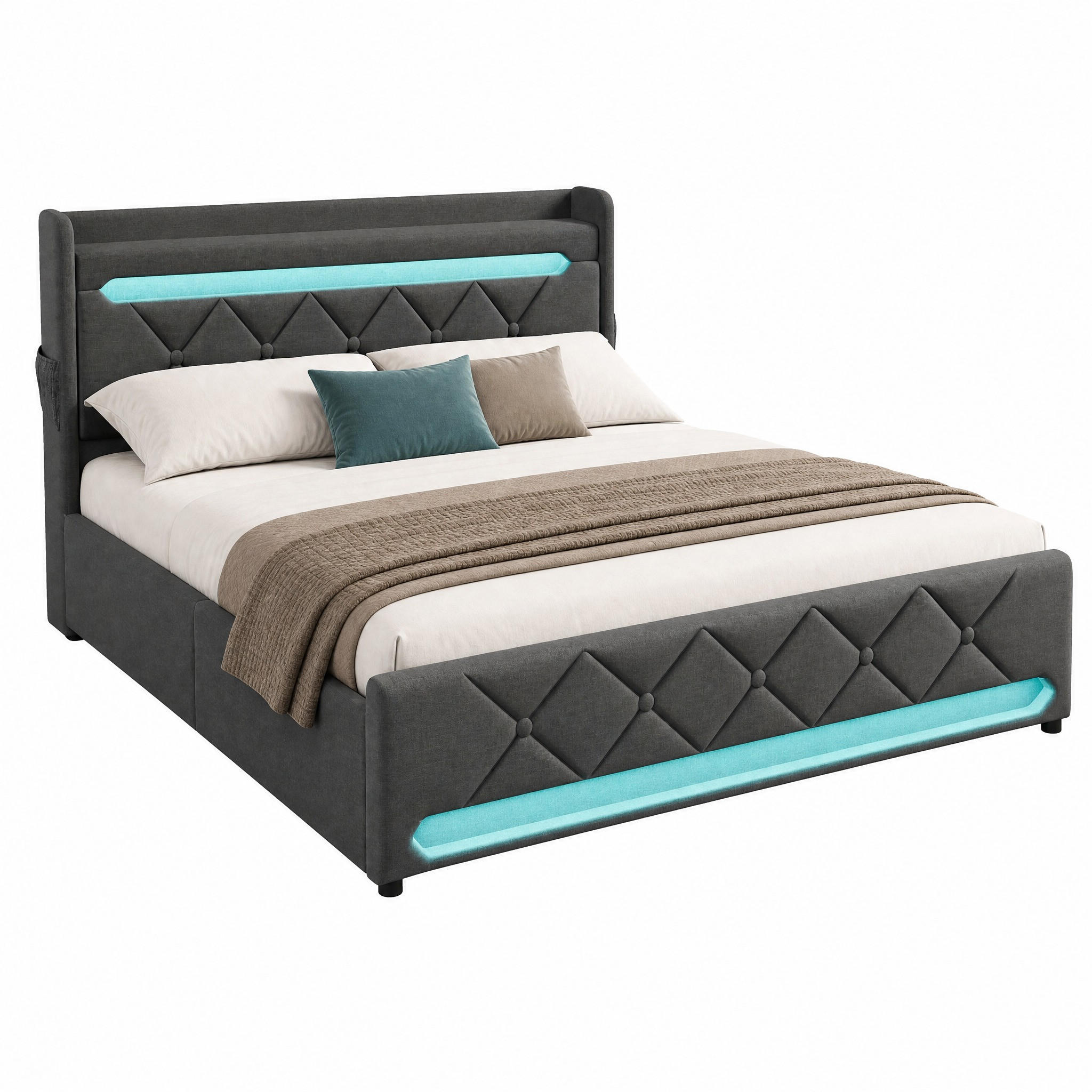 POLSTERBETT mit LED, USB und Stauraum 140x200 cm Leinen Grau - Grau, Metall (140/200cm) - Meubliv