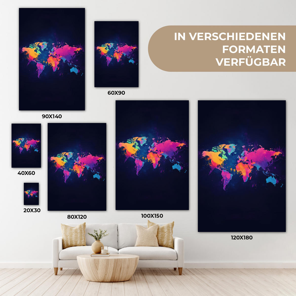 LEINWANDBILD Weltkarte - Bunt - Graffiti 80x120 cm - Multicolor, Textil (80/120cm) - MuchoWow