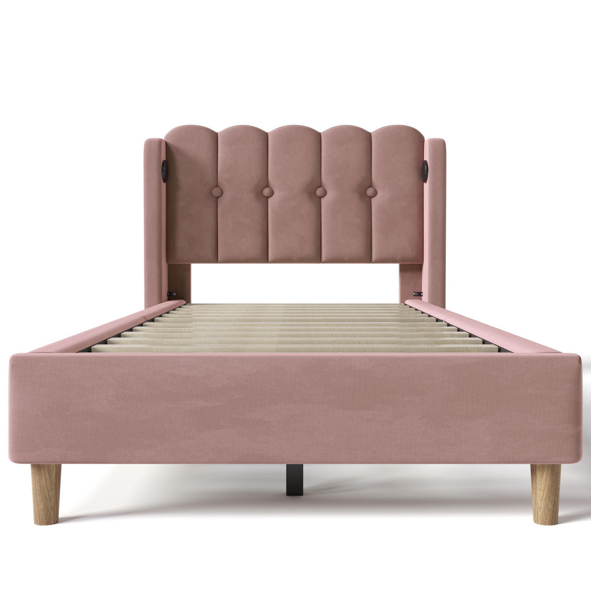 SAMT-POLSTERBETT 90/200 cm Rosa mit gepolstertem Kopfteil und USB-C - Rosa, Textil (90/200cm) - BEAOK
