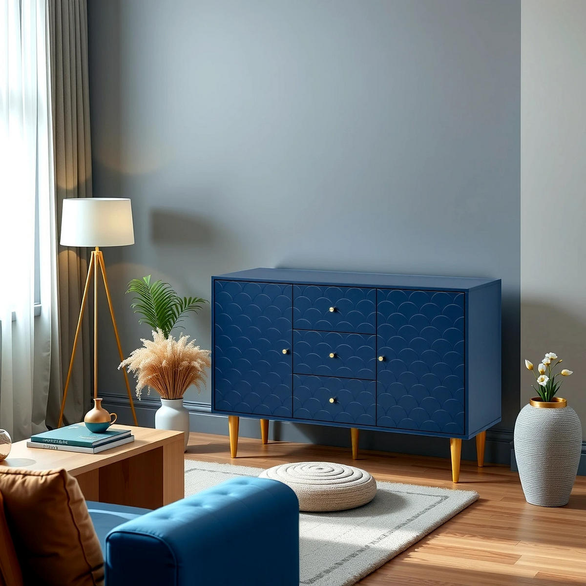 SIDEBOARD 2 Türen und 3 Schubladen, Verstellbare Ablage Blau 120/40/82CM - Blau, Holzwerkstoff/Metall (40/82/120cm) - Urban Meuble